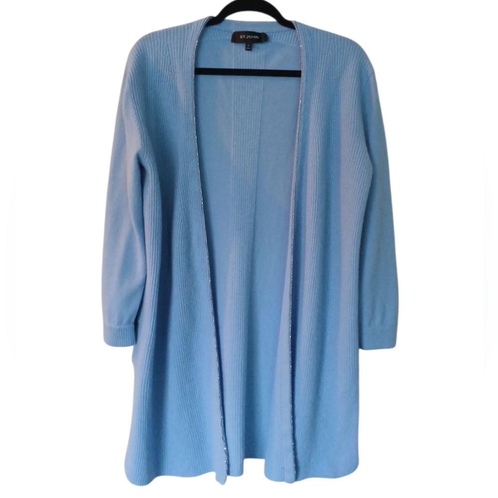 St. John Cashmere Light Blue Long Open Cardigan With Silver Bead Trim Medium
